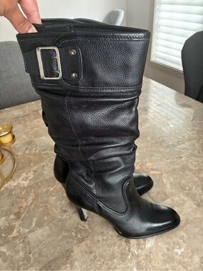 Matisse Black Leather Mid-Calf Heeled Boots with Buckle Accent